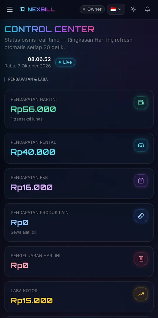Dashboard NEXBILL di HP: ringkasan pendapatan hari ini