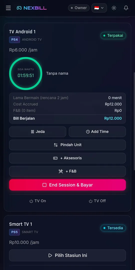 Billing rental PS di HP: timer sisa waktu dan tagihan berjalan